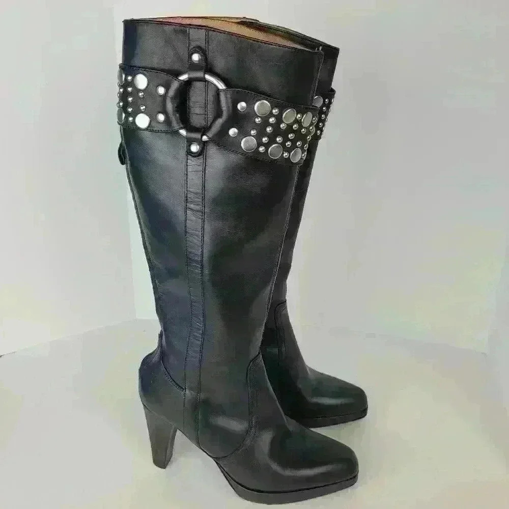 Frye Black Katie Heel Leather Tall Heels Pointed Toe Studded Band Sz 6.5M - Picture 7 of 16